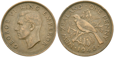 Новая Зеландия 1 пенни 1946 Георг VI (1936-1952), новозеландский туи KM 13 бронза 32-426