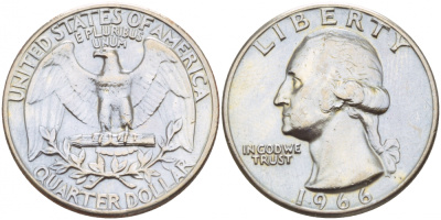 США 25 центов (квотер) 1966 Вашингтон KM 164а медь плакированная медно-никелем 4546-1245