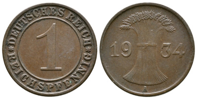 ГЕРМАНИЯ 1 РЕЙХСПФЕННИГ 1934 A KM 37, J. 313 бронза 4380-1245