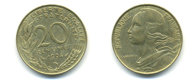 ФРАНЦИЯ 20 САНТИМОВ 1994 KM 930 медь алюминий никель 25-427