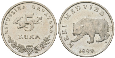Хорватия 5 кун 1999 бурый медведь, легенда на хорватском KM 11 медь цинк никель aUNC 4385-442