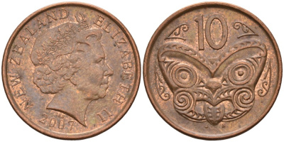 Новая Зеландия 10 центов 2007 маска Маори, Елизавета II (1952-) KM 117а сталь плакированная медью 4579-1252