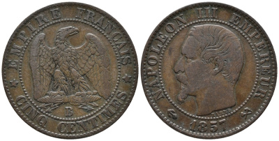 ФРАНЦИЯ 5 САНТИМОВ 1857 В, НАПОЛЕОН III (1852-1870) KM 777.2, LE FRANC 116.38 бронза 34-1212