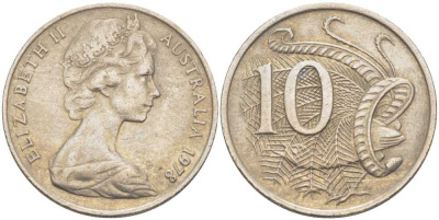 Австралия 10 центов 1978 Елизавета II (1952-), птица лирахвост KM 65 медно-никель 4382-1021
