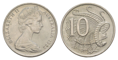 Австралия 10 центов 1982 Елизавета II (1952-2022), птица лирахвост KM 65 медно-никель UNC 4657-151