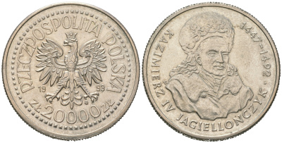 Польша 20000 злотых 1993 серия Польские короли, Казимир IV Ягайлович (1447-1492) KM 256 медно-никель  UNC  4512-1043