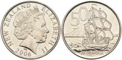 Новая Зеландия 50 центов 2006 Елизавета II (1952-2022), парусник Индевор KM 119а никелированная сталь 4579-1032