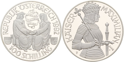 Австрия 100 шиллингов 1992 Максимилиан I, в коробке, с сертификатом подлинности KM 3003 серебро PROOF 3-4-4-02