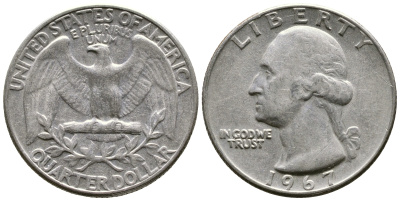 США 25 центов (квотер) 1967 Вашингтон KM 164а медь плакированная медно-никелем 4382-1047