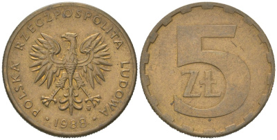 Польша 5 злотых 1988 MW Y 81.2 латунь aUNC 4616-1213