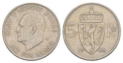 Норвегия 5 крон 1964 Улаф V (1957-1991) KM 412 медно-никель 4162-226