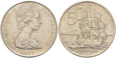 Новая Зеландия 50 центов 1977 Елизавета II (1952-2022), парусник Индевор KM 37.1 медно-никель 215-424