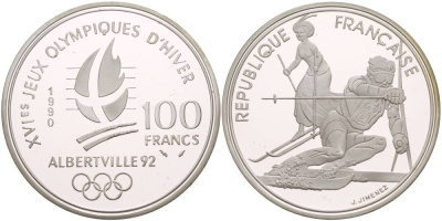 Франция 100 франков 1990 XVI Зимние Олимпийские игры 1992 в Альбервиле, слалом KM 984 серебро PROOF 1081-8-44