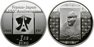 Франция 1 1/2 евро 2008 150 лет торговым отношениям Франция-Япония, японская картина KM 1549 серебро PROOF 1068-10-33