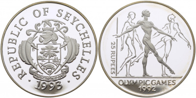 Сейшельские острова 25 рупий 1993 XXV летние олимпийские игры 1992 года в Барселоне, гиманстика, тираж 40000 экз. KM 70 серебро PROOF 1077-8-21