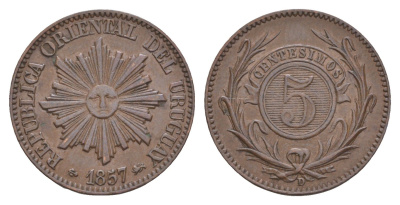 Уругвай 5 сентимо 1857 D, год-тип KM 8 медь 1518-1724