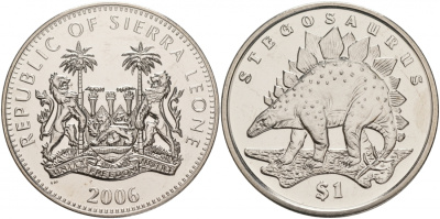 Сьерра-Леоне 1 доллар 2006 серия динозавры, стегозавр KM 308 медно-никель UNC M20-14