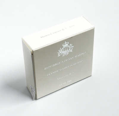 Сан-Марино 5 евро 2008 Олимпиада в Пекине, танец с лентами, в коробке с сертификатом KM 513 серебро PROOF 2-4-2-12