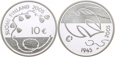 Финляндия 10 евро 2005 60 лет мира в Европе, голубь мира KM 120 серебро PROOF 11-161-35