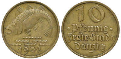 Данциг 10 пфеннигов 1932 рыба J. D 13, KM 152 алюминиевая бронза 72-1756