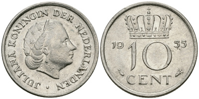 Нидерланды 10 центов 1955 Юлиана (1949-1980) KM 182 никель 96-345