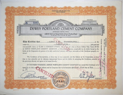 США, Dewey Portland Cement Company 25 акций 1959 бумага 8805-35-1