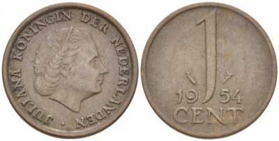 Нидерланды 1 цент 1954 Юлиана (1949-1980) KM 180 бронза 3457-1145