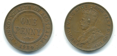 АВСТРАЛИЯ 1 ПЕННИ 1934 ГЕОРГ V KM 23 бронза 7-5-25-21