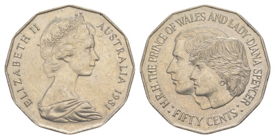 Австралия 50 центов 1981 Свадьба Принца Чарльза и Леди Дианы KM 72 медно-никель UNC 81-1115