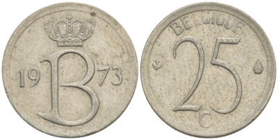 БЕЛЬГИЯ 25 САНТИМОВ 1973 BELGIQUE KM 153.1 медно-никель 4528-135