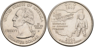США 25 центов = квотер 2002 Р, серия штаты США, Огайо KM 332 медь плакированная медно-никелем UNC 85-1052