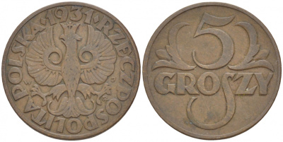 ПОЛЬША 5 ГРОШЕЙ 1931 w KM 10a бронза 4549-235
