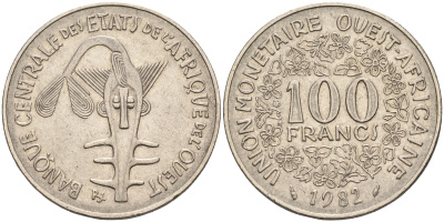 Валютное сообщество стран Западной Африки 100 франков 1982  KM 4 никель    4595-812