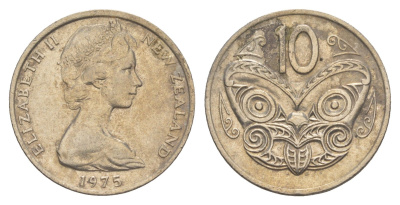 Новая Зеландия 10 центов 1975 Елизавета II (1952-2022), маска маори KM 41 медно-никель 4652-636