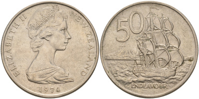 Новая Зеландия 50 центов 1974 Елизавета II (1952-2022), парусник Индевор KM 37.1 медно-никель    4599-1115
