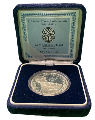 Австрия 100 шиллингов 1992 150 лет Венской филармонии - Отто Николаи, в коробке, с сертификатом подлинности KM 3005 серебро PROOF 3-4-4-10