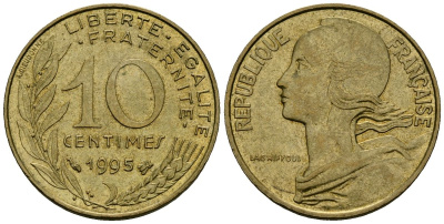 Франция 10 сантимов 1995 тип Marianne KM 929 алюминиевая бронза 4136-434
