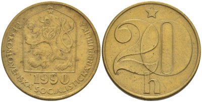 ЧЕХОСЛОВАКИЯ 20 ГЕЛЛЕРОВ 1990 СОЦИАЛИСТИЧЕСКАЯ РЕСПУБЛИКА KM 74 латунь 4390-316