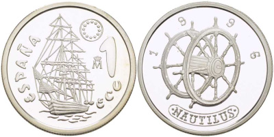 Испания 1 экю 1996 парусник Timon, в оригинальной деревянной коробке, с сертификатом  серебро  PROOF  4-3-1-10