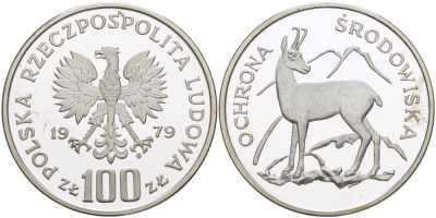 Польша 100 злотых 1979 MW, серия охрана окружающей среды, косуля KM 105, Parchimowicz 287 серебро PROOF 1085-1-22