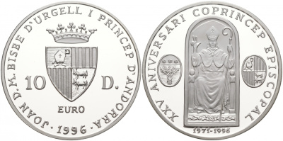 Андорра 10 динеров 1996 25 лет соправления  Жоана Марти-и-Аланиса, ECU KM 125 серебро PROOF 11-039-42