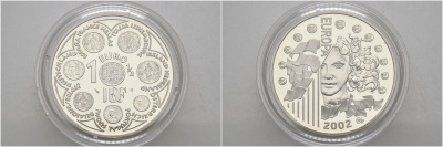 Франция 1 1/2 евро 2002 введение евро KM 1301 серебро PROOF 01-165-23