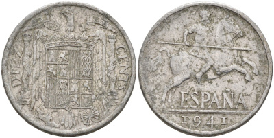 Испания 10 сентимо 1941 рыцарь на коне KM 766 алюминий 4575-141