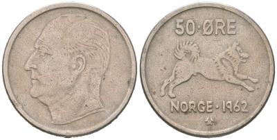 Норвегия 50 эре 1962 Улаф V (1957-1991) KM 408 медно-никель 4175-556