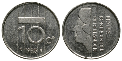 НИДЕРЛАНДЫ 10 ЦЕНТОВ 1985 БЕАТРИКС KM 203 никель 45-1168