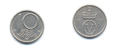 Норвегия 10 эре 1974 Улаф V (1958-1991) KM 416 медно-никель 4379-328