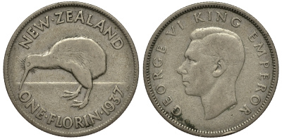 Новая Зеландия 1 флорин 1937 Георг VI (1936-1952), птичка киви, первый год KM 10.1 серебро 272-1424