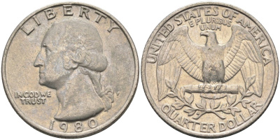 США 25 центов (квотер) 1980 P, Вашингтон KM A164a медь плакированная медно-никелем 4584-1125