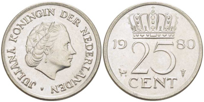 НИДЕРЛАНДЫ 25 ЦЕНТОВ 1980 ЮЛИАНА (1948-1980) KM 183 никель 214-1123