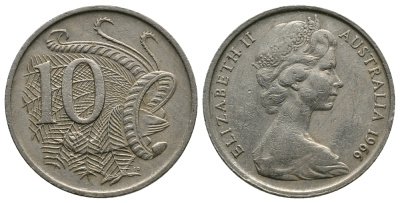 Австралия 10 центов 1966 Елизавета II (1952-), птица лирахвост KM 65 медно-никель 89-1451